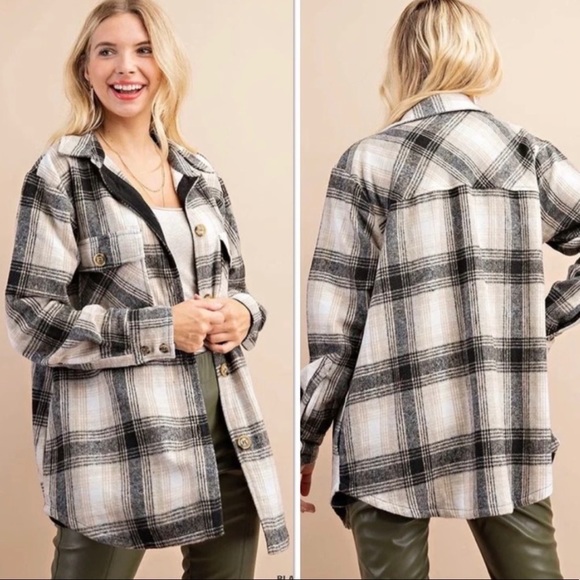 NWT Thick Black and Tan Plaid Jacket Top Shacket - Picture 3 of 3